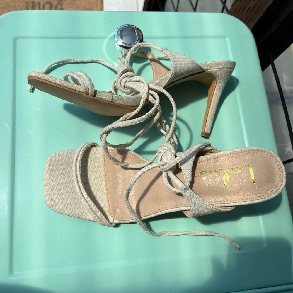 Lulu’s Bone Wiley Square Toe Lace Up High Heel Sandals 11